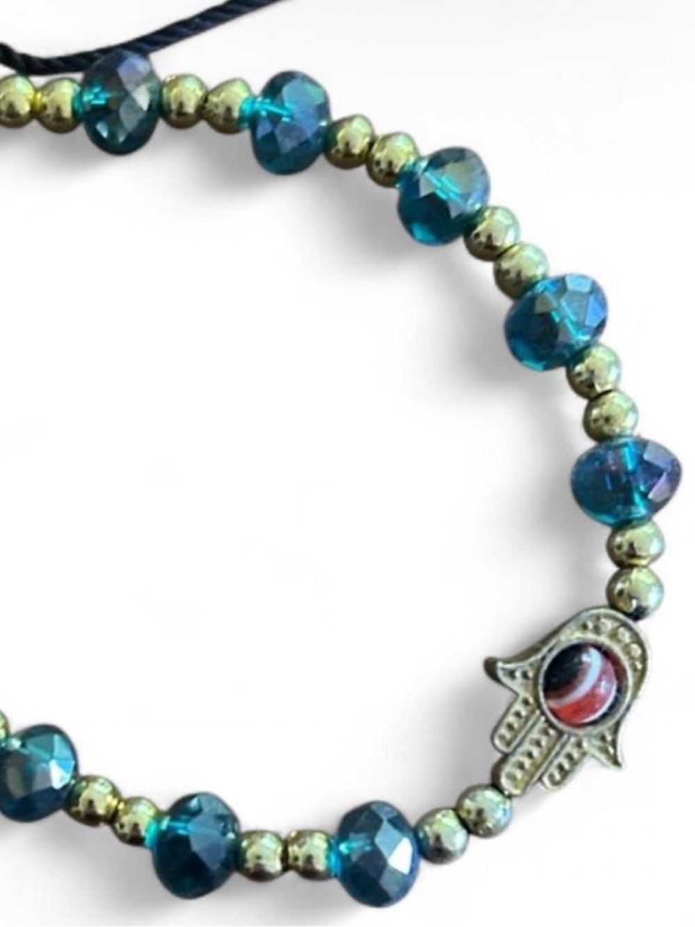 Blue Beaded Hamsa Bracelet with Gold Accents